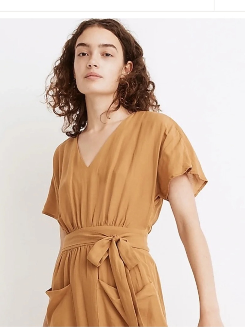 Madewell Yellow Ochre Linen V-Neck Tie-Waist Midi Dress